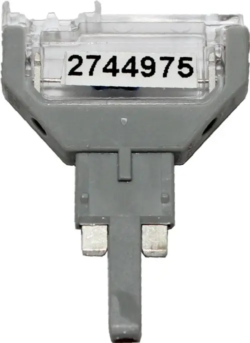 Parameterstecker in grauer Farbgebung mit zwei metallischen Kontakten, verwendet in Wolf-Produkten zur Parametrierung. Klare, funktionale Bauform ohne zusätzliche Beschriftungen.